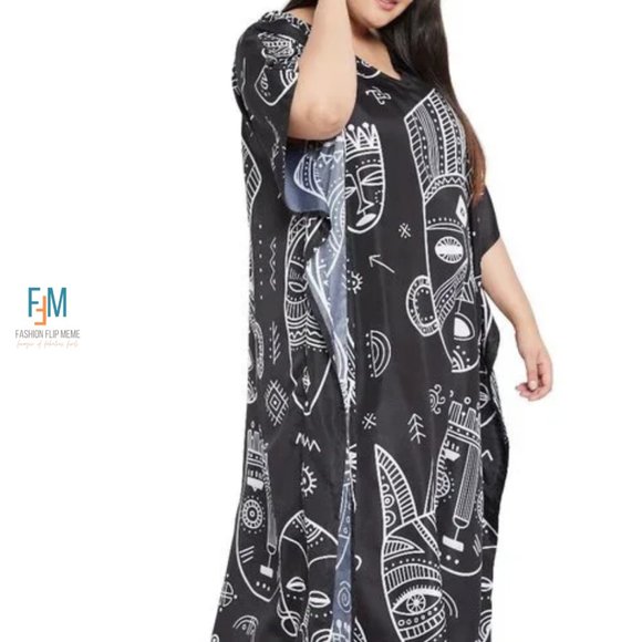 Women's Plus Size Full Length Tribal Print Caftan Maxi Dress OSFA - Picture 6 of 8